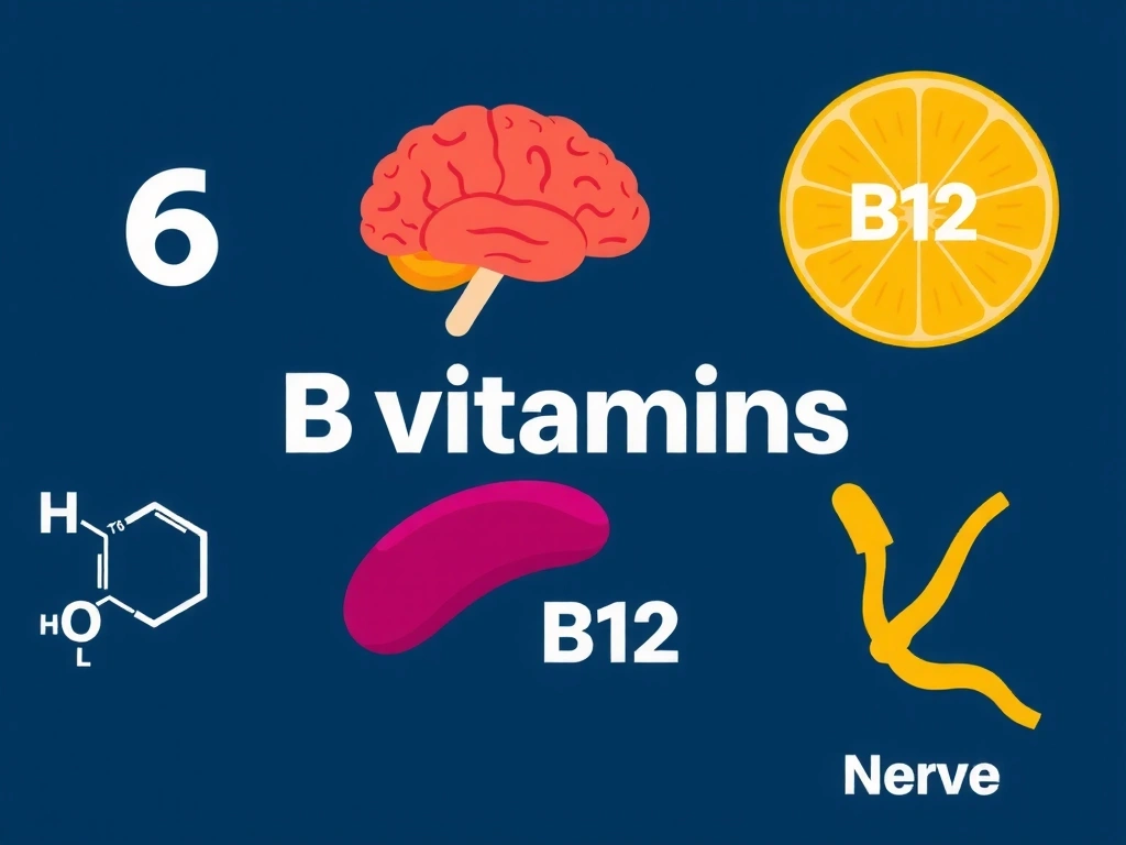 Ilustración de las distintas vitaminas del complejo B, con sus nombres químicos y representaciones moleculares.