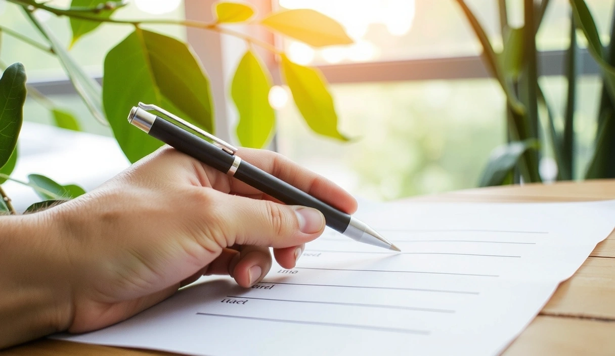 Person writing on a contact form with a pen, surrounded by natural elements like leaves and soft light, symbolizing connection and wellbeing.