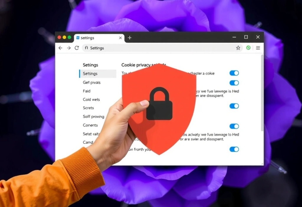 Persona con un escudo digital en la mano, protegiendo un navegador web que muestra opciones de configuración de privacidad de cookies.