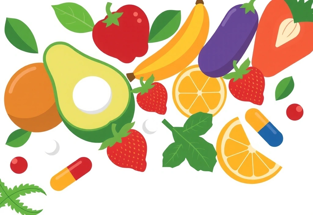 Ilustración de ingredientes naturales y suplementos para la salud