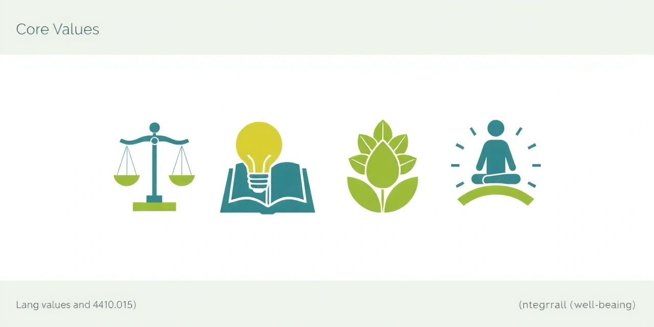 Iconos que representan Integridad, Educación, Naturaleza y Bienestar Integral, dispuestos en un diseño circular, simbolizando los valores fundamentales de la empresa.