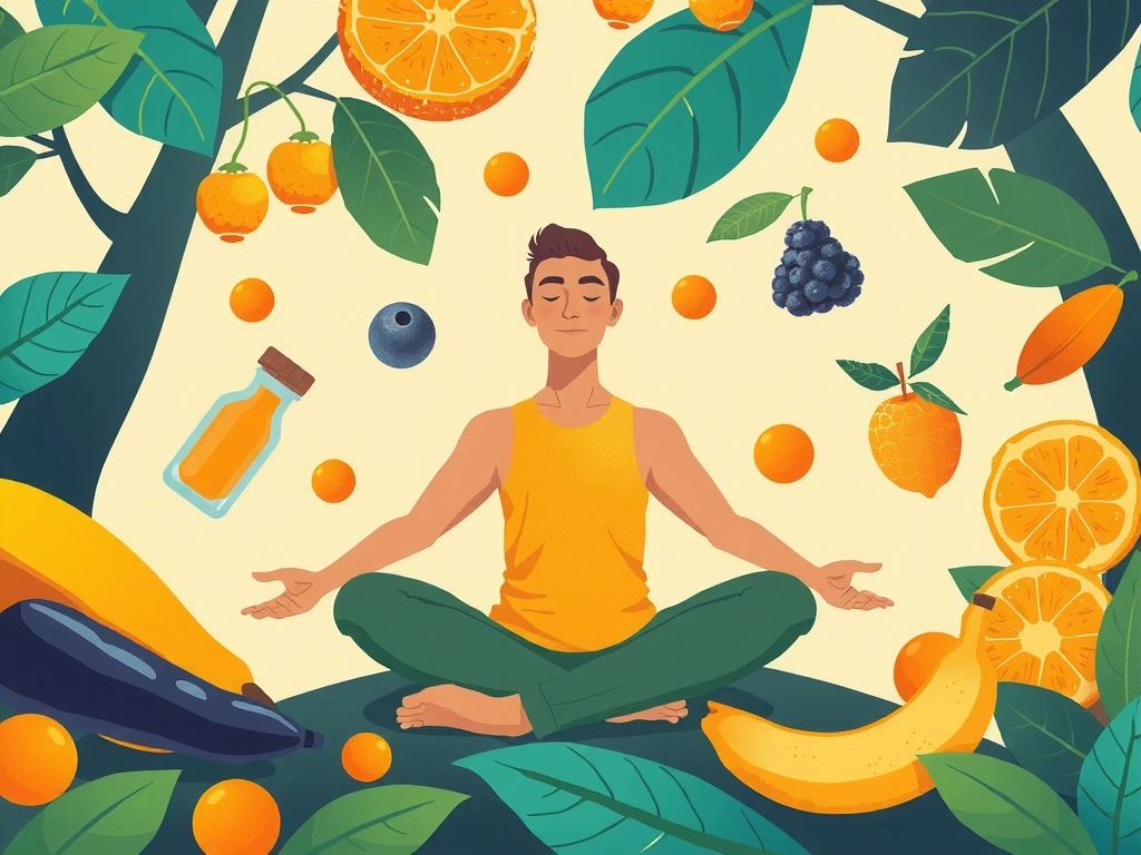Ilustración de una persona meditando en un entorno natural con elementos de vitaminas flotando alrededor, simbolizando salud y bienestar.