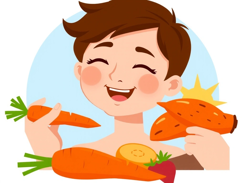 Ilustración de una persona consumiendo alimentos ricos en Vitamina A como zanahorias y batatas, con un sol brillante de fondo.