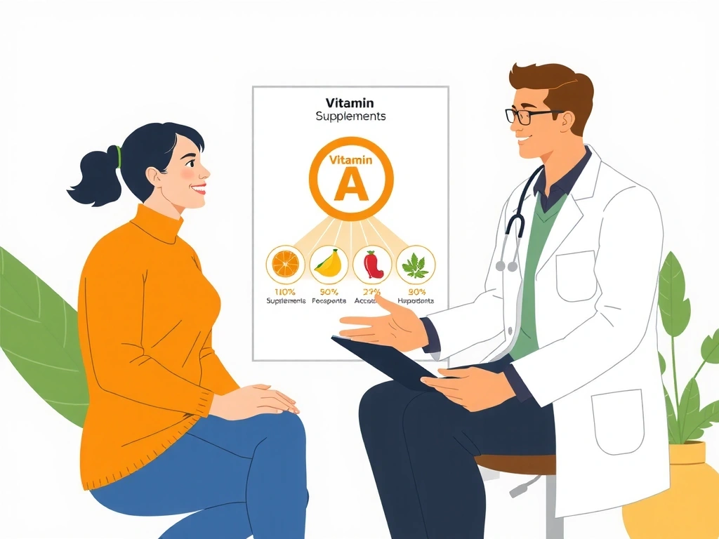 Un médico o nutricionista consultando a un paciente sobre suplementos vitamínicos, con un gráfico de recomendaciones nutricionales de fondo.