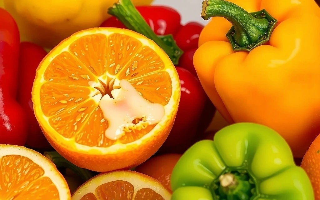 Ilustración de una naranja cortada y pimientos, representando fuentes ricas en Vitamina C