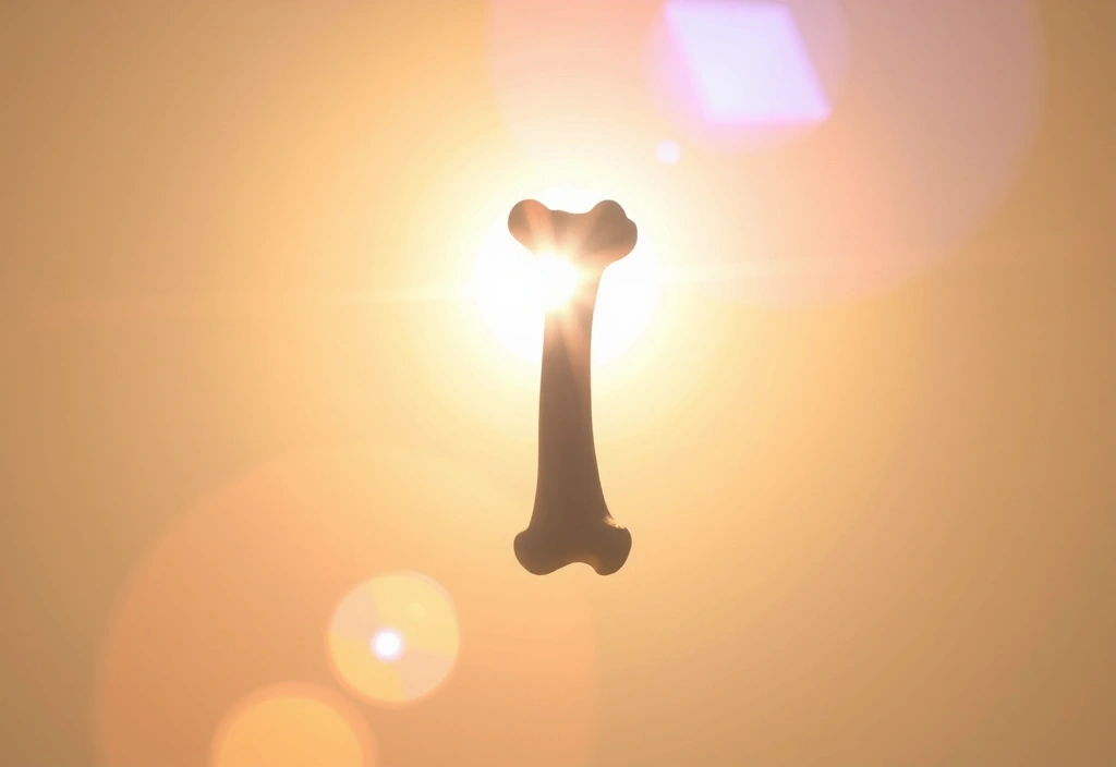 Rayo de sol que representa la Vitamina D iluminando un hueso con un aura de bienestar.