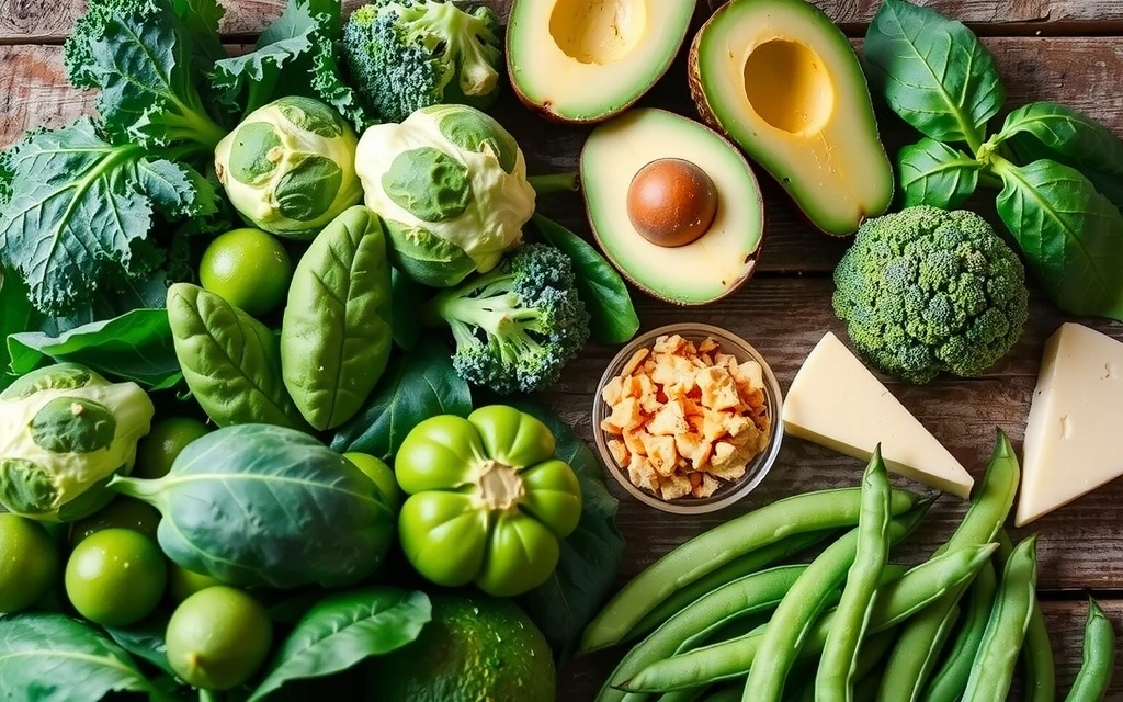 Variedad de alimentos ricos en Vitamina K, como espinacas, col rizada, brócoli, aguacate y queso, dispuestos de forma atractiva.