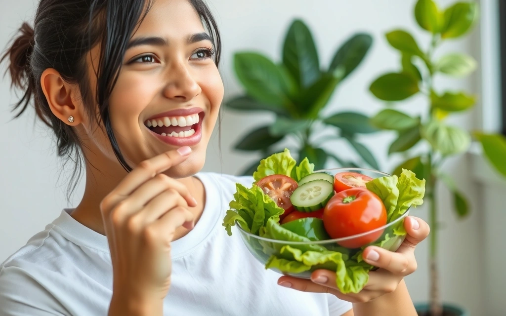 Una persona sonriendo y comiendo una ensalada fresca llena de verduras coloridas, simbolizando una dieta saludable y rica en vitaminas.